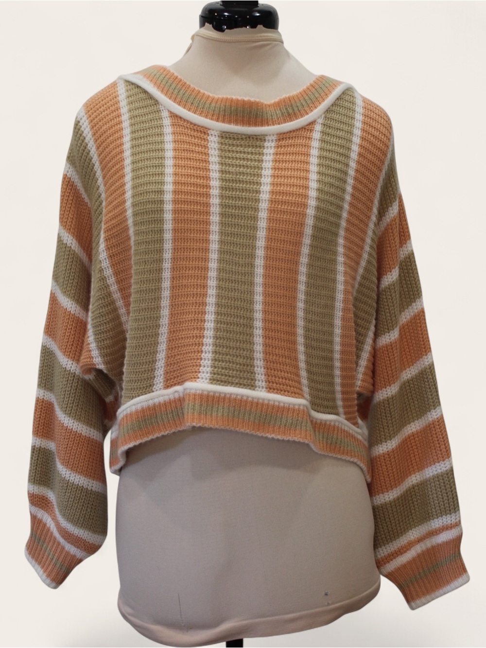 Striped Cropped Knit Sweater in Peach, Olive & White